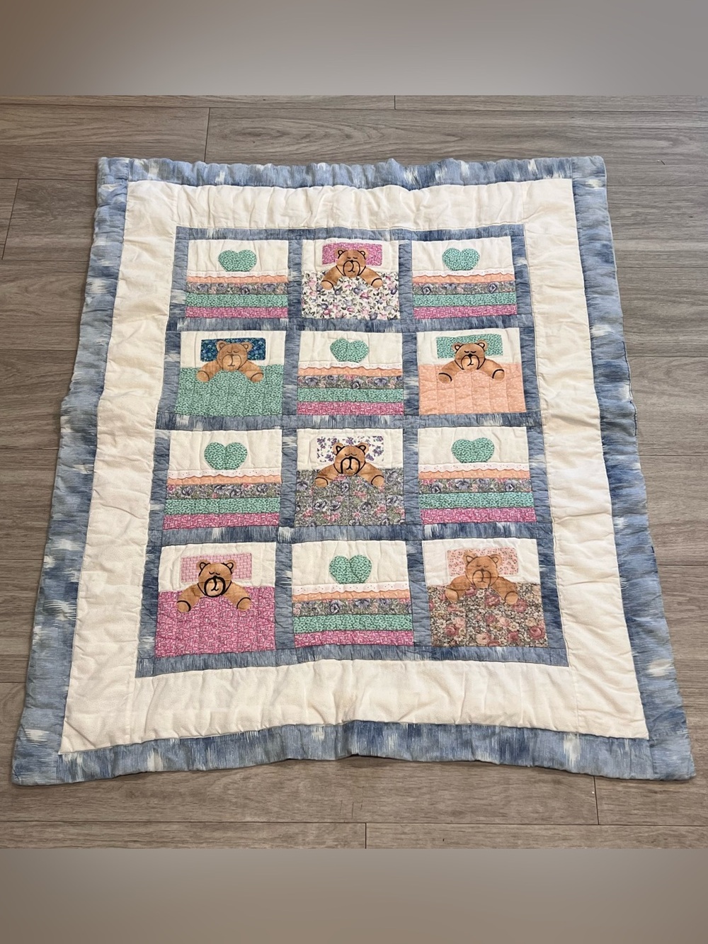 Vintage Teddy Bear Patchwork Baby Quilt 36x42 Nursery Cottagecore Pastel